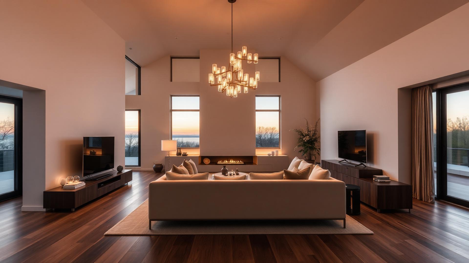 A modern living room glowing under a sculptural chandelier at dusk