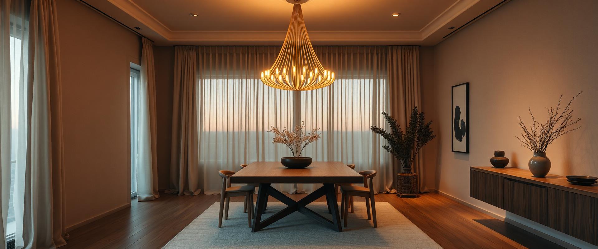 Sculptural chandelier glowing above a dining table at dusk