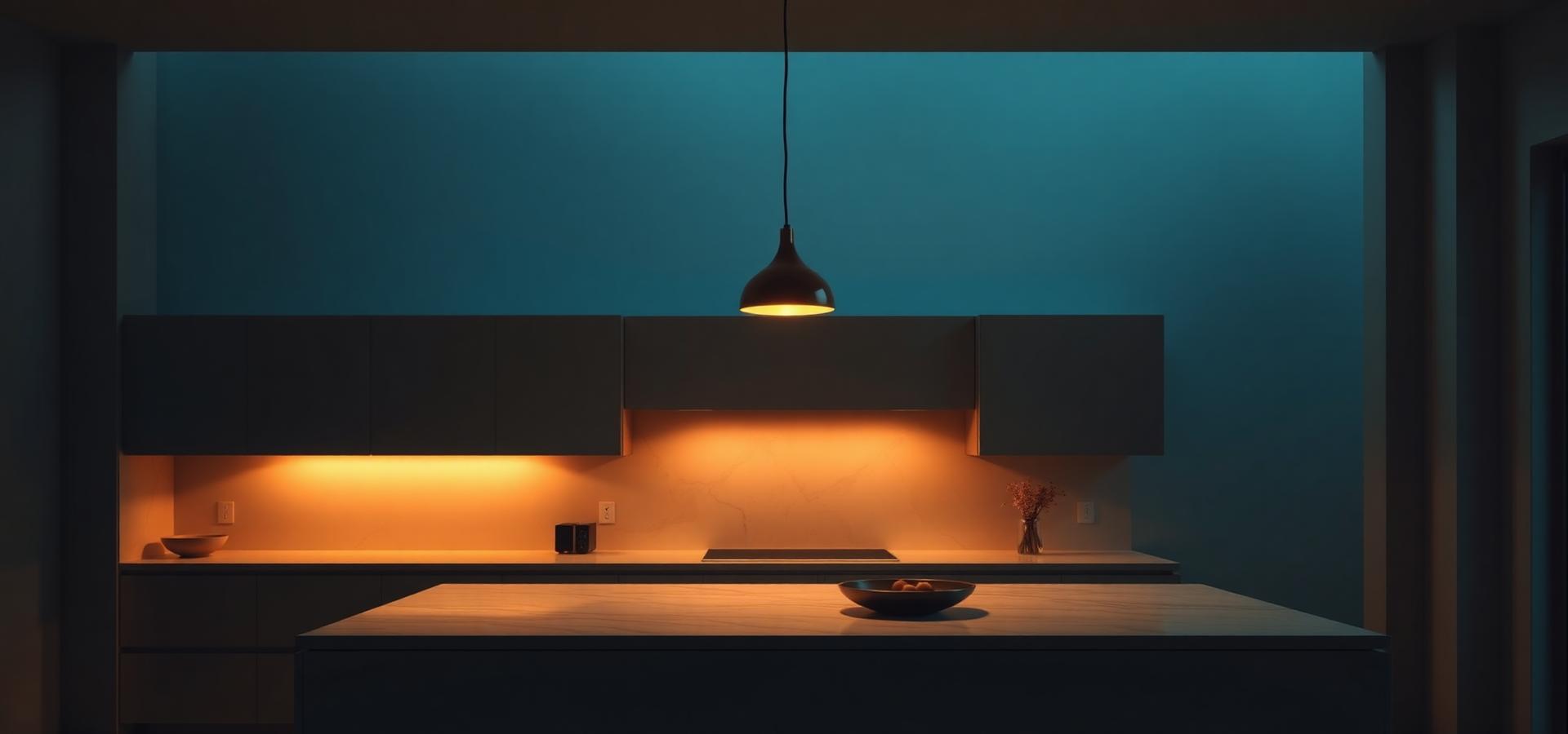 Sculptural pendant glowing over a marble kitchen island